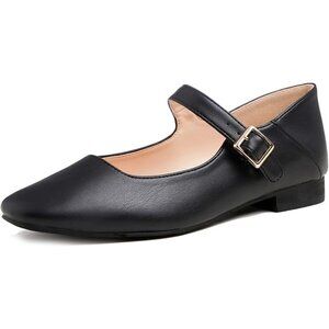 FEVERSOLE Women's Mary Jane Fashion Square Toe Easy Buckle Low Heel Slip On Flat